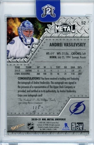 2020‑21 UD Metal Universe Andrei Vasilevskiy Gold PMG Autograph 1/1 back